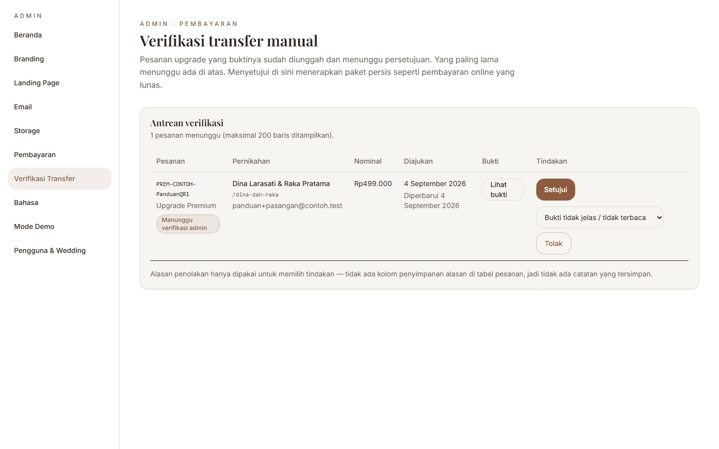 Tangkapan layar: Admin: Antrean Transfer Manual